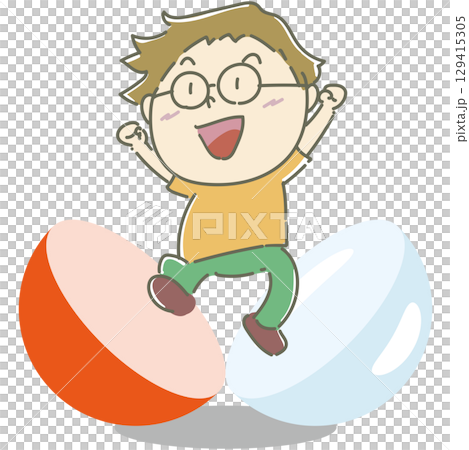 一個戴眼鏡的男孩從一個橘色膠囊裡跳出來 129415305