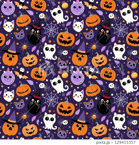 halloween pattern with pumpkin, ghost, skull, skull. vector seamless illustration halloween pattern with pumpkin, ghost, skull, skull. vector seamless illustration 129415357