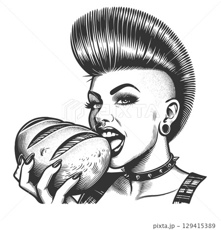 Punk Woman bites bread vector illustration 129415389