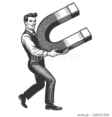 Man with Giant Magnet engraving vector Man with Giant Magnet engraving vector 129415395