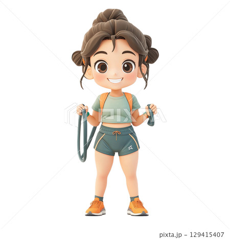 Adorable 3d cartoon girl ready for adventure with bike tire 129415407