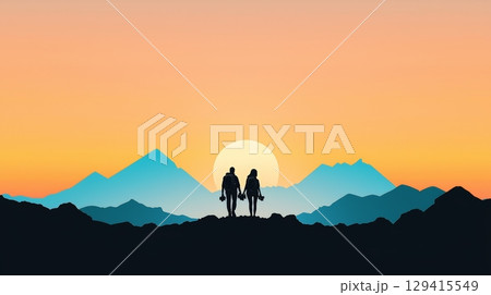 Breathtaking sunset view man standing on mountain peak embracing natures beauty 129415549
