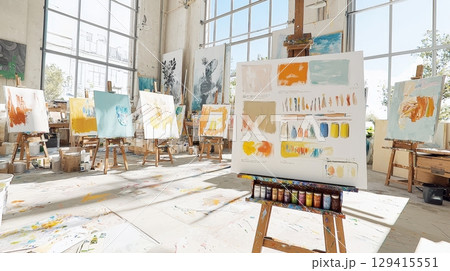Bright art studio with canvases and paint 129415551