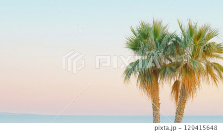 Two palm trees on serene sunset beach with pastel sky, nature background Two palm trees on serene sunset beach with pastel sky, nature background 129415648