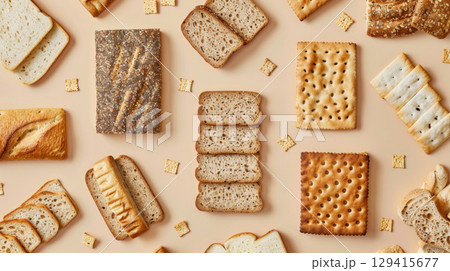 Assortment of diet breads including seed loaf on neutral background 129415677