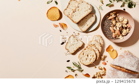 Assortment of diet breads including seed loaf on light background 129415678