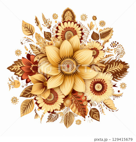 Traditional Indian henna pattern illustration with floral elements, background 129415679