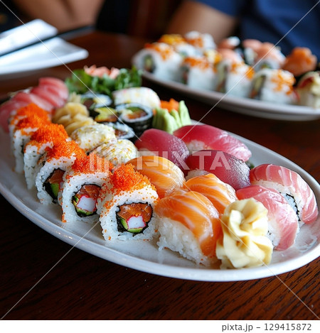 Exquisite sushi platter a culinary delight of salmon, tuna, and california rolls 129415872