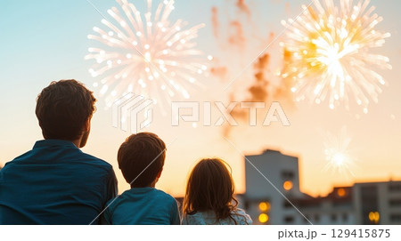 Family watching fireworks display 129415875