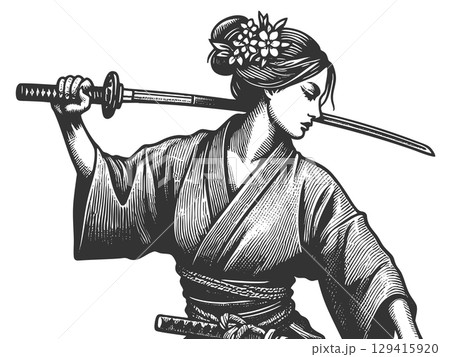 Samurai Woman Wielding Katana vector illustration 129415920