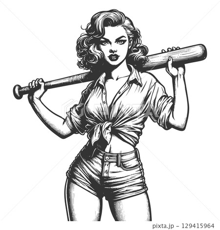 Pin-Up Girl Holding Baseball Bat engraving vector 129415964
