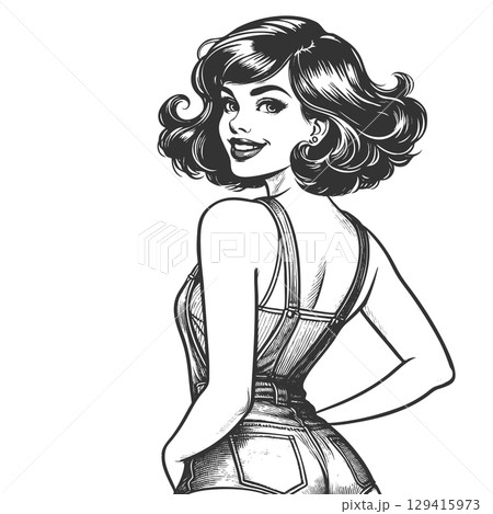 Pin-Up Girl in Denim Overalls vector illustration Pin-Up Girl in Denim Overalls vector illustration 129415973