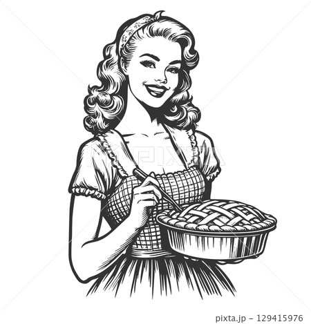 Smiling woman with homemade pie vector Smiling woman with homemade pie vector 129415976