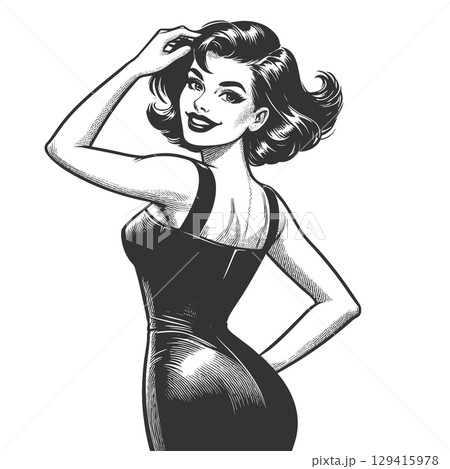 Pin-Up Girl in Black Dress engraving sketch vector 129415978