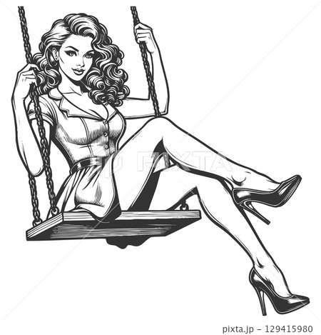 Pin-Up Girl Sitting Swing engraving sketch vector 129415980