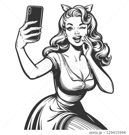 Woman Taking Selfie engraving vector illustration Woman Taking Selfie engraving vector illustration 129415994
