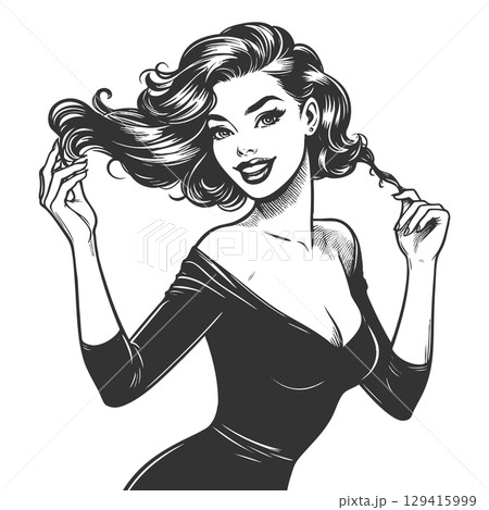 Pin-Up Girl in Black Dress engraving sketch vector 129415999
