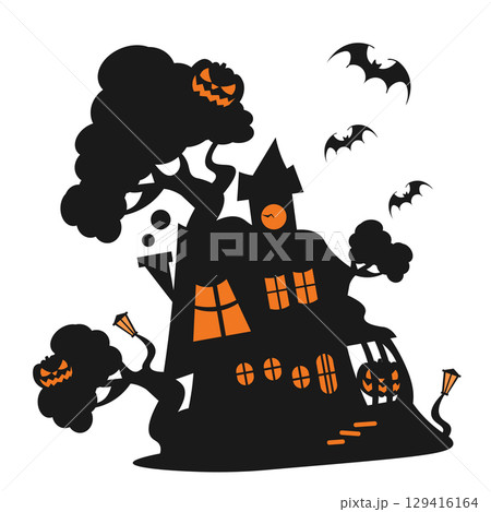 ハロウィンのカボチャオバケが棲む家のシルエットイラスト 129416164