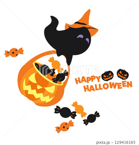 ハロウィンのオバケがキャンディを運んでいるイラスト 129416165