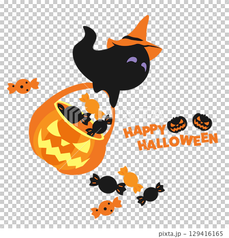 ハロウィンのオバケがキャンディを運んでいるイラスト 129416165