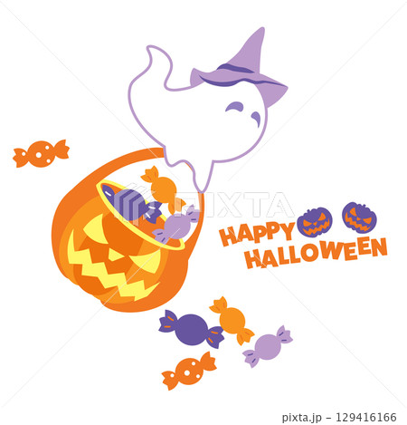 ハロウィンで魔女の帽子をかぶったかわいいオバケがキャンディを運ぶイラスト 129416166