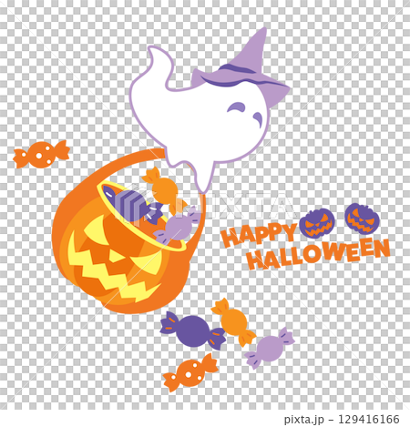 ハロウィンで魔女の帽子をかぶったかわいいオバケがキャンディを運ぶイラスト 129416166
