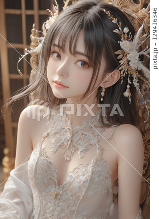 白いレースドレスを着た美しい若い女性の花嫁 129416346