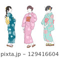 カラー3人の浴衣の少女 129416604