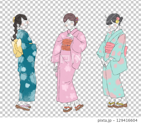 彩色三位身穿浴衣的女孩 129416604