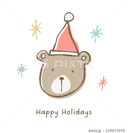 サンタ帽子をかぶったかわいいクマの顔。手描きの線とパステルカラーのイラスト 129417056