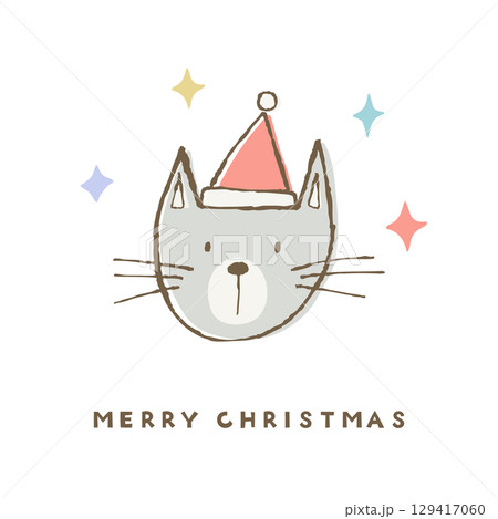 サンタ帽子をかぶったネコの顔。手描きのラフな線とパステルカラーのイラスト 129417060