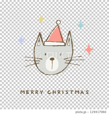 サンタ帽子をかぶったネコの顔。手描きのラフな線とパステルカラーのイラスト 129417060