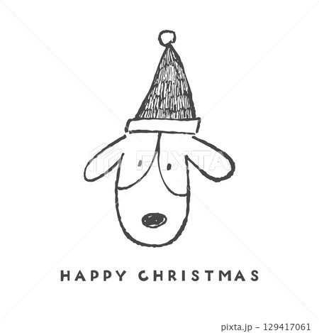 サンタ帽子をかぶったイヌの顔。手描きの線画イラスト。 129417061