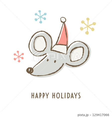 サンタ帽子をかぶったネズミの顔。手描きのラフな線とパステルカラーのイラスト サンタ帽子をかぶったネズミの顔。手描きのラフな線とパステルカラーのイラスト 129417066