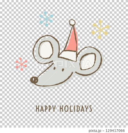 サンタ帽子をかぶったネズミの顔。手描きのラフな線とパステルカラーのイラスト サンタ帽子をかぶったネズミの顔。手描きのラフな線とパステルカラーのイラスト 129417066