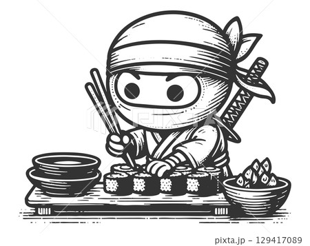 Cute Ninja Eating Sushi Cartoon engraving vector 129417089