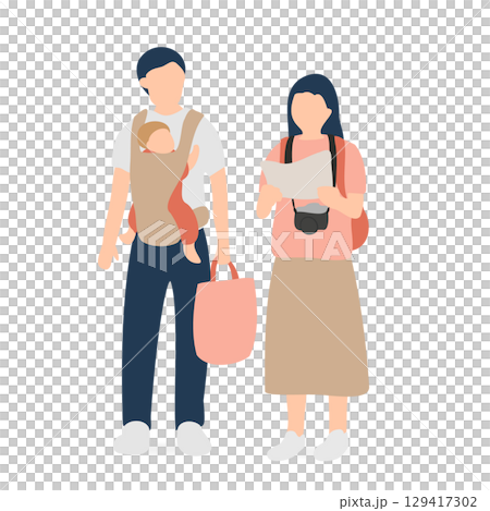 観光地を歩く赤ちゃん連れ家族の旅行イラスト（地図とカメラ） 129417302