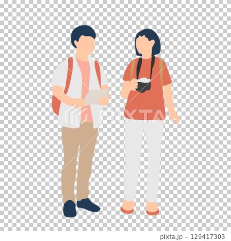 観光地を歩く旅行カップルのイラスト（地図とカメラ） 129417303