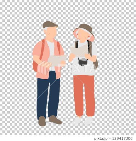 一對老年夫婦看地圖的旅行插圖 129417306
