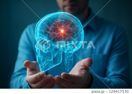 AI generated image of a person holding a 3D glowing transparent skull with intricate anatomical details. The holographic model displays vibrant red-orange light spots, symbolizing inflammation 129417530