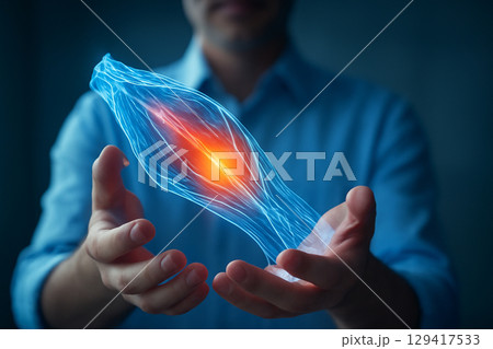 AI generated a futuristic medical concept showing a man holding a glowing 3D transparent muscle model. The image symbolizes advanced medical diagnosis, anatomical precision, and cutting-edge 129417533