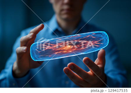 AI generated image of a male holding a glowing 3D holographic smooth muscle model with intricate details. It represents the fusion of modern medicine and futuristic technology 129417535