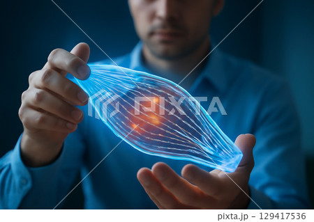 AI generated image of a man holding a glowing skeletal muscle hologram. The transparent 3D model illuminates with red-orange highlights, symbolizing medical diagnosis and treatment. 129417536