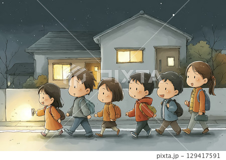 夜間の防災訓練、保護者と一緒に避難する子どもたちのイラスト素材 129417591