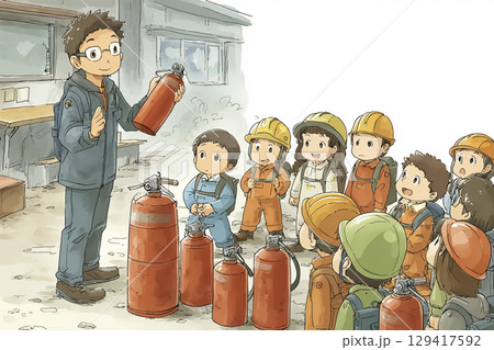 防災訓練で消火器の使い方を教わる小学生のイラスト素材 129417592