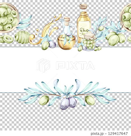 Watercolor illustrations of olives and olive oil inspired by Italian cuisine and nature frame, border, arrangement 129417647