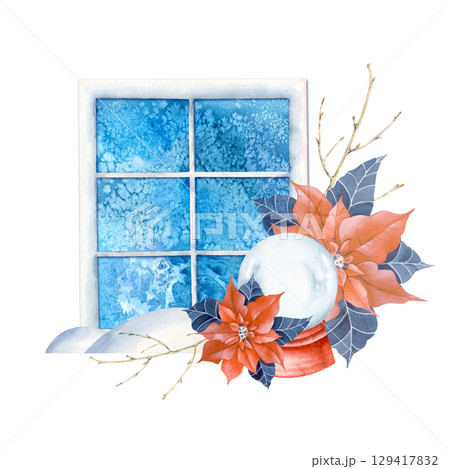 A Christmas composition of a frozen winter window, a Christmas ball, poinsettia, snowdrift and twigs. All the elements are painted in watercolor. Isolated on a white background. A Christmas composition of a frozen winter window, a Christmas ball, poinsettia, snowdrift and twigs. All the elements are painted in watercolor. Isolated on a white background. 129417832