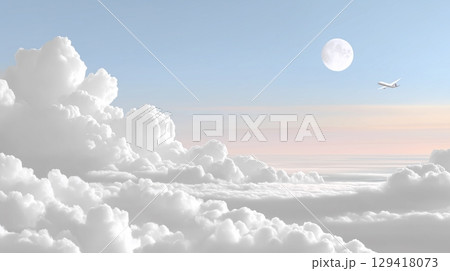 雲海に浮かぶ飛行機と満月 129418073