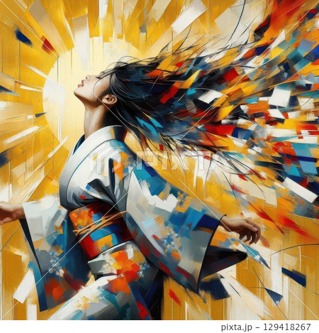 Abstract Portrait of a Woman in Traditional Kimono with Flowing Hair and Colorful Brushstrokes on Golden Background with Generative AI. 129418267