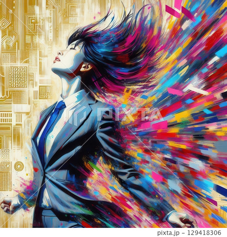 Dynamic Businesswoman in Suit with Abstract Color Explosion and Golden Circuit Background with Generative AI. 129418306